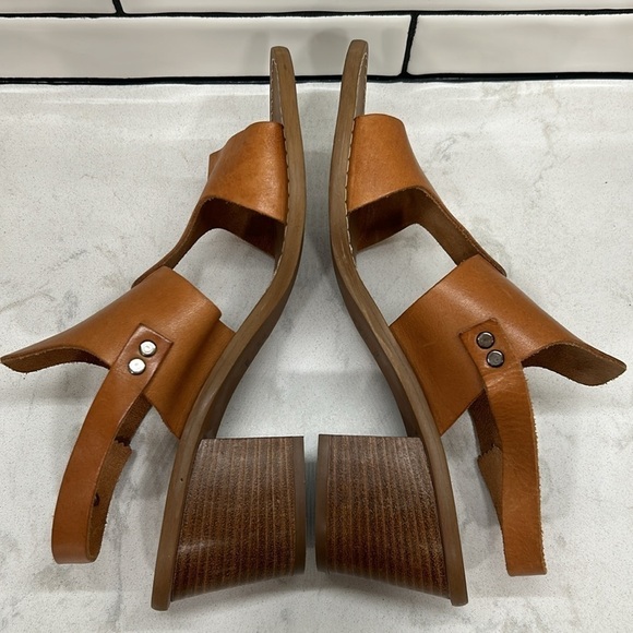 Barbara Barbieri Brown Tan Leather Sling Back Stacked Wood Block Heels Open Toe - Picture 7 of 16